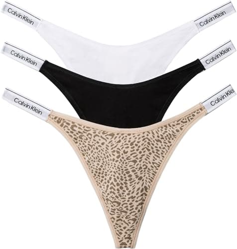 Image of Calvin Klein Women DIPPED THONG 3PK BLUE (BLACK/CLASSIC WHITE/ANIMAL MIRROR) S