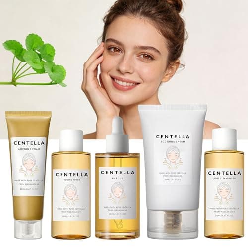 Image of Centella Skincare Set for Women & Teens with Toner, Ampoule, Soothing Cream, Cleansing Oil, Ampoule Foam - Basic Skincare Trial Travel Kit Gift Box Holiday Korean Skin Care Set