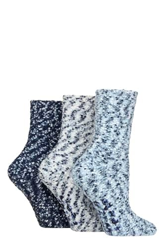 Image of SockShop Wildfeet Women’s 3 Pair Popcorn Cosy Lounge Slipper Socks – Super Soft Textured Knit, Silky Feather Feel, Warm Breathable Non Slip Grip Bed Socks,Sizes 4–8 Blue/White/Navy