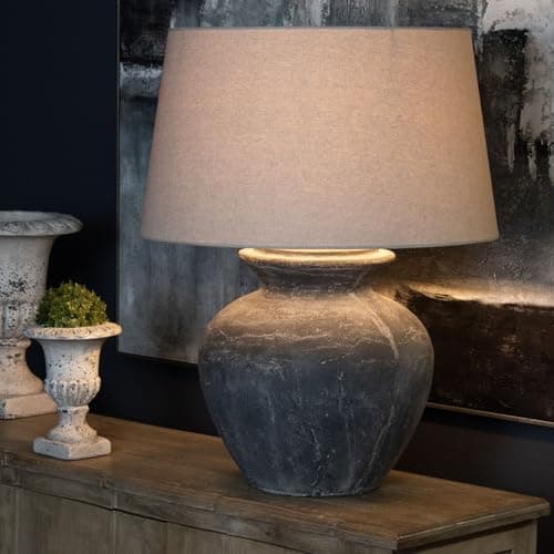 Image of Wholesome Home Large Stone Table Lamp, Grey Distressed Base, Beige Linen Shade, 60 x 60 x 78 cm