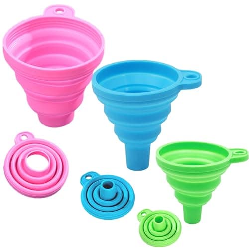 Image of KINDOYO Set of 3 Foldable Funnels - Soft Silicone Gel Funnel Collapsible Funnel Cooking Kitchen Accessories Gadgets (Blue + Green + Pink)