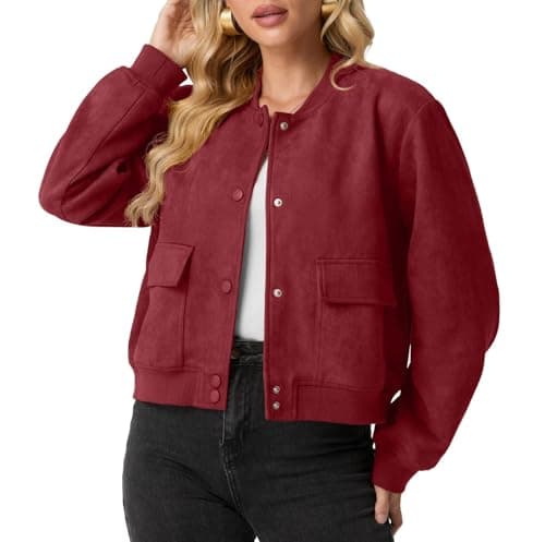 Image of GRECERELLE Womens Bomber Jacket Long Sleeve Crop Casual Smart Biker Vintage Classic Work Shacket Coat for Ladies with Snap Buttons, Two Pockets, Elastic Cuffs and Hem (Red, L)