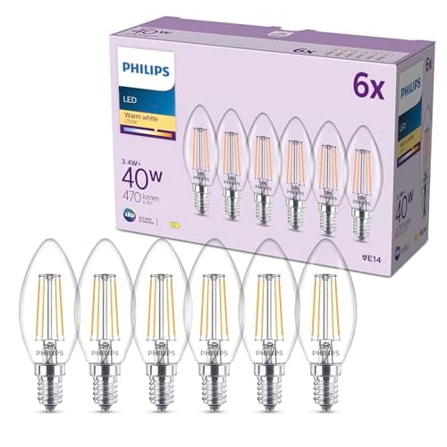 Image of Philips LED Light Bulb, 6 Pack, B35, E14, 470 Lumens, 40W, Candle Design, Long Lifetime, Warm White Light 2700K, Clear Bulb