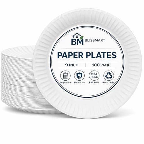 Image of BLISSMART Paper Plates 100 Pack 9 Inch Disposable Plates for Party Birthday Picnic BBQ Biodegradable White Paper Plates Everyday Use Microwave Safe Recyclable Eco-Friendly (9inch 100pk)