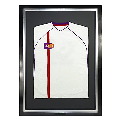 Image of Vivarti DIY Junior Standard Sports Shirt Display Frame for Football Shirt, Rugby Shirt, Band T-Shirt Shadow Box - 50 x 70cm - Gloss Black Frame, Silver Inner Frame, Black Backing Card