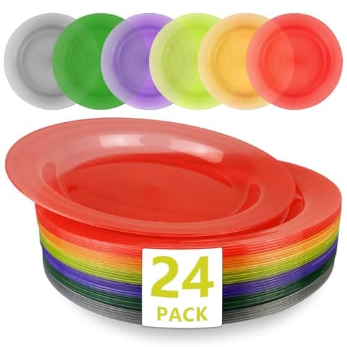 Image of WAIZHIUA 24Pcs Reusable Plastic Plates Set - 10 Inch/25cm Unbreakable Dinner Plates, Microwave & Dishwasher Safe, 6 Vibrant Colors for Party, Kids, Dessert, Pasta, Salad, Snack & Fruit (24)