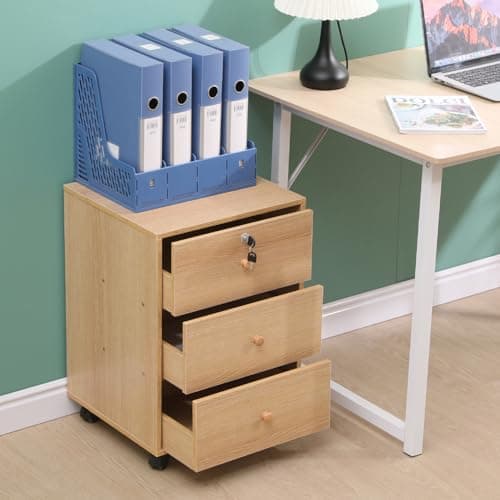 Image of Lockable 3 Drawers File Cabinet Mobile Under Desk Pedestal Beside Cabinet with Wheels Unit Document Storage, Wood Office Printer Stand Table Filing Side Drawers Nightstand on Caster (Oak)