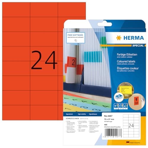 Image of HERMA Self Adhesive Coloured Labels - 24 per A4 Sheet, 20 Sheets, 70 x 37 mm, 480 Total - Blank Removable Stickers for Laser & Inkjet Printer, Red