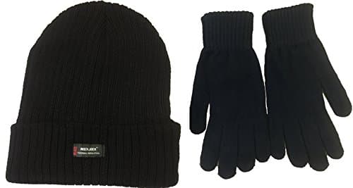 Image of Black 'Rockjock' Thermal Thinsulate Winter Hat (Style: Chunky Rib Knit with Rockjock R40 Lining) and 'Handy' Thermal Gloves Set