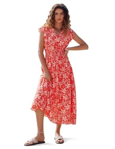 Image of Kate Kasin Women Summer Floral Casual Dress Ladies Boho Beach Dress with Pockets Ruffle Sleeves V-Neck Elastic Waist Orange XXL