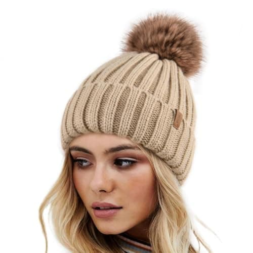 Image of FURTALK Winter Hats for Women Double Layer Fleece Line Beanie Hat with Bobble Pom Pom Hats Khaki