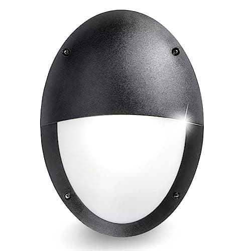 Image of Black Outdoor Modern Oval Flush Vertical Eyelid Bulkhead Wall Light | Opal Diffuser | 33cm Length | IP66 Rated | 1 x ES E27 Lamp Required | Garden - Patio - Security | Polycarbonate Resin Coastal