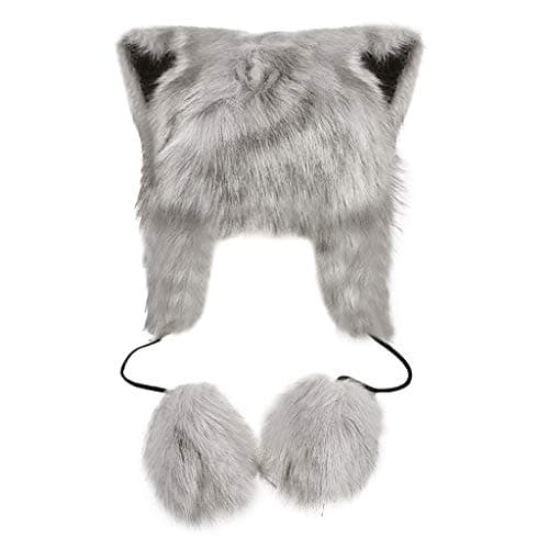 Image of Cute Faux Fur Animal Pattern Fox Hat Soft Plush Full Hood Hats Earflap Skull Caps Thermal Fluffy Plush Beanie Cap Head Warmer Snow Winter Ski Cap Costume Christmas Birthday Gift Grey