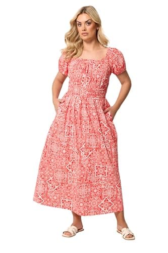 Image of Yours Curve Paisley Poplin Bardot Dress - Women's - Plus Size Curve Red