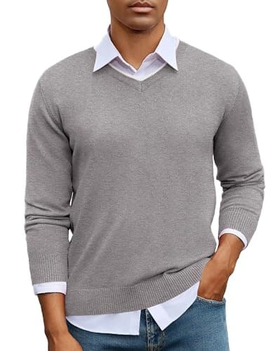 Image of iClosam Mens Jumpers V Neck Cotton Blend Knitted Sweater Stylish Ribbed Mens Jumper Cold Weather Men Pullover Regular Fit Sweaters for Business Casual,Gray,XL