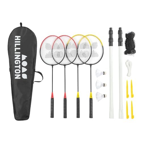 Image of Hillington Badminton Set with Net for 4 Players - All-Weather Badminton Racket Set with 4 Rackets, 3 Shuttlecocks, Poles & Anchors and Carry Bag - Easy Setup Portable Badminton Net for Garden & Beach