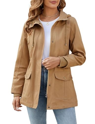 Image of Vancavoo Ladies Lightweight Jackets Spring Coats for Women Casual Jacket Cotton Outdoor High Waist Drawstring Zip Up Hood Coat,Khaki,S