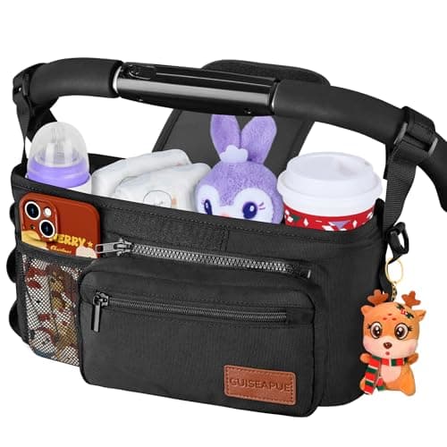 Image of Guiseapue Pram Bag with Cup Holder: Large Capacity Pram Cup Holder with Non Slip Strap, Baby Diaper Bag Universal Pram Organiser Bag Accessories, Baby Essentials for Newborn, Gifts for New Mum