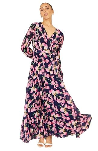 Image of Yumi Navy Orchid Floral Pleated Wrap Maxi Dress (UK, Numeric, 18, Regular, Regular, Navy)