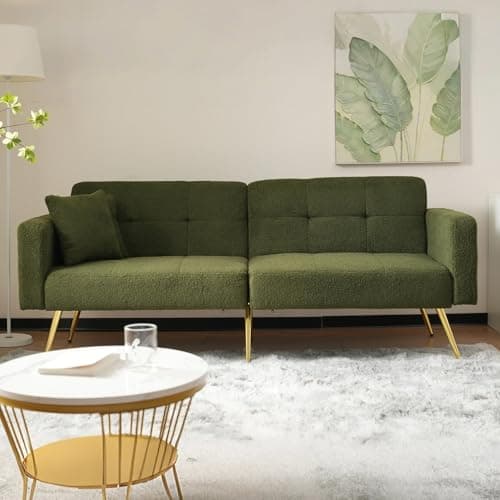 Image of ModernLuxe Adjustable Sofa Sherpa Fabric Sofa Bed – 3 Reclining Angles, Gold Legs, High-Density Foam Cushion, Side Storage Pockets – Modern Convertible Sofa for Living Room & Guest Use Green