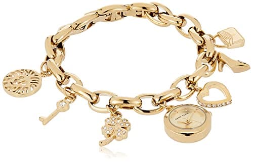 Image of Anne Klein Women's Premium Crystal Accented Gold-Tone Charm Bracelet Watch, 10/7604CHRM