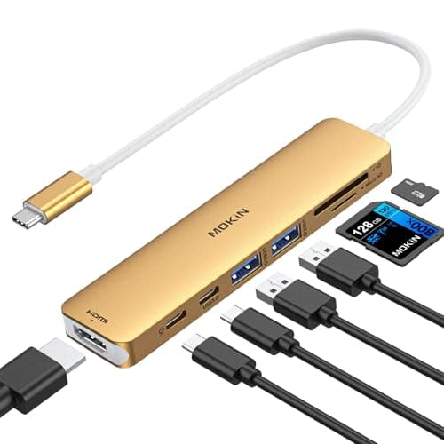 Image of MOKiN USB C Hub HDMI Adapter for MacBook Pro/Air, 7 IN 1 USB C Dongle Mac Adapter with HDMI, Type C Data Port,100W PD,SD/microSD and 2 USB3.0 for Dell/Lenovo/Thinkpad(Gold)