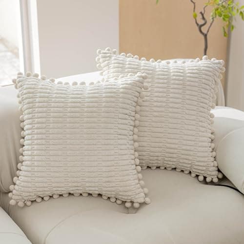Image of Home Brilliant Cream Cushion Covers 45X45 Set of 2, Boho Pom Pom Cushion Covers for Sofa Bed, Super Soft Corduroy Cushions Covers, Cream, 45cm x 45cm