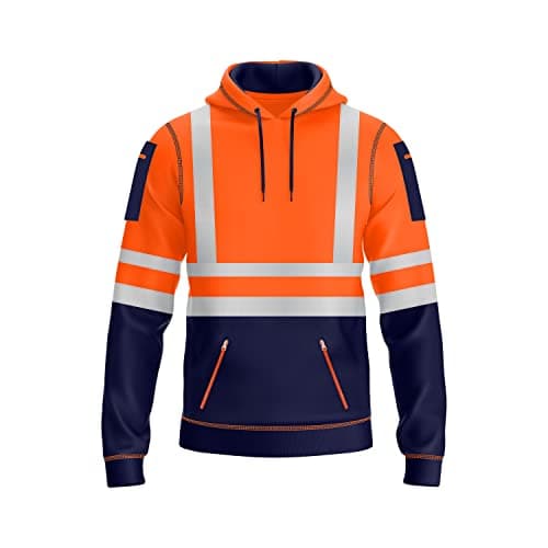 Image of NOROZE Mens Hi Vis Hoodie with Reflective Tape, Pullover High Vis Hoodie for Safety Workwear– 4 Utility Zipped Pockets, Work Hoodies for Men, High Visibility Hooded (M, Style 1: Neon orange/Navy)
