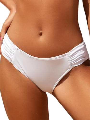 Image of Womens Low Rise White Bikini Bottoms Full Coverage Ruched Sides Swimsuits Swimwear Bathing Suit Bottom（White,M）