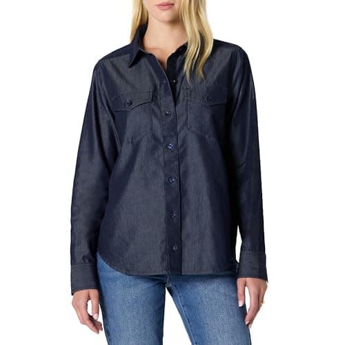 Image of Amazon Essentials Women's Women's Denim Chambray Button-Down Long-Sleeve Shirt, Rinse, XL