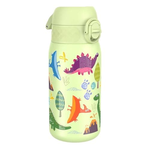 Image of Ion8 Kids Water Bottle, Steel 400 ml/13 oz, Leak Proof, Easy to Open, Secure Lock, Dishwasher Safe, Flip Cover, Carry Handle, Easy Clean, Durable, Metal Water Bottle, Raised Print, Dinosaurs