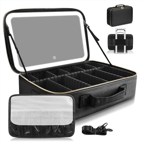Image of Jadazror 15''X11'' Large Capacity Makeup Bag with Mirror, Professional Makeup Bag Organizer with 3 Color Adjustable Brightness, Travel Make up Cosmetic Case with Detachable Dividers & Shoulder Strap