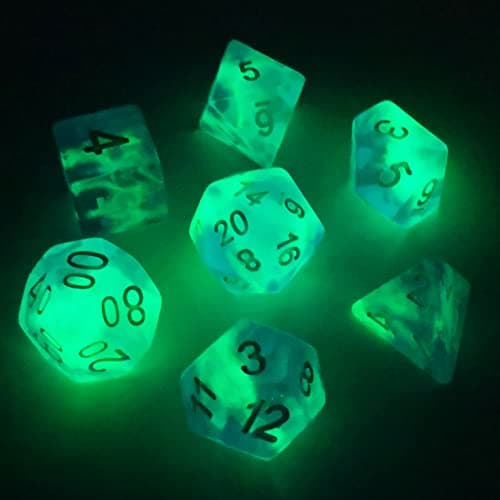 Image of Bescon Super Glow in the Dark Nebula Glitter Polyhedral Dice Set NORTHERN LIGHT, Luminous RPG Dice Set,Glowing Novelty DND Game Dice Set, Novelty DND Game Dice d4 d6 d8 d10 d12 d20 d% in Brick Box