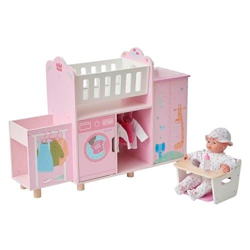 Image of Olivia’s Little World Amanda 6-in-1 Doll Nursery Station with Rocking Cradle, Detachable High Chair, Sink/Shower, Washing Machine, Wardrobe Storage & Hangers for 16in Dolls