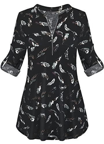 Image of Odosalii Shirts for Women Long Sleeve Tunic Top Floral Print V-Neck T Shirts 3/4 Sleeve Plus Size Work Beauty Tunic Black Floral