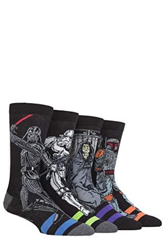 Image of SockShop Mens 4 Pair Star Wars Darth Vader, Boba Fett, Emperor and Storm Trooper Socks 12-14 Mens Assorted