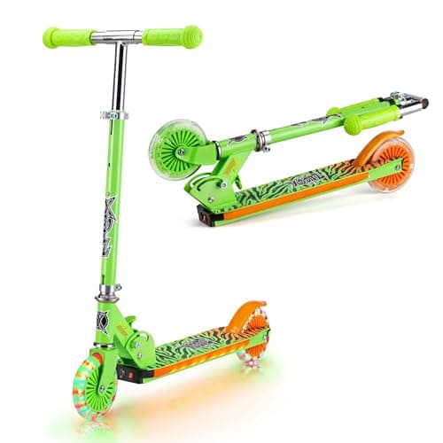 Image of Xootz Wild Rider Light Up LED Scooter | Green Tiger Folding Light Up Scooter with LED Deck, Green and Orange, for Kids Ages 5+