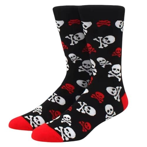 Image of LYF STILE Skull and Crossbones Novelty Socks - Black Cotton Blend White Red Crossbones Mens Womans UK Size 5-11 - 1 Pair