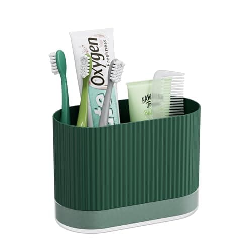 Image of Green Toothbrush Holders for Bathrooms, Plastic Kids Tooth Brush Holder with Drainage and Drip Tray, Cute Shower Toothpaste Holder Stand Organizer Caddy Wall Mount & Countertop Accessories Decor