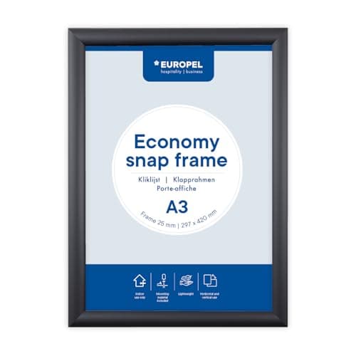 Image of Europel Economy Snap frame, A3, color black, aluminum profile 25 x 11 mm, for posters 29.7 x 42 cm, anti-reflective film, display of advertising, menus, hotel, office, restaurant