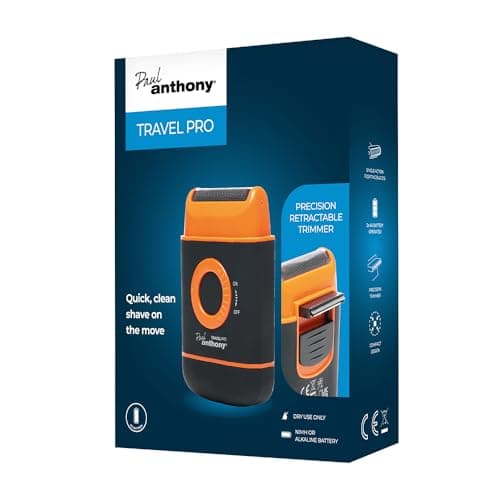 Image of Paul Anthony Travel Pro Battery Operated Men's Compact Foil Shaver, Titanium Flexible Blade, Retractable Side Trimmer,Rubberised Finish, 2 x AA Battery Operated - Orange - H5001A