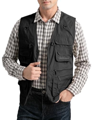 Image of Vanchenl Men's Utility Vest Safari Travel Cargo Outdoor Gilet Work Lightweight Photo Shooting Waistcoat with Pockets Black XL
