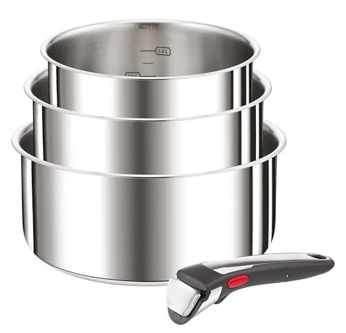 Image of Tefal Ingenio Set of 4 Pieces, 16/18/20 cm Pans + 1 Removable Handle, Induction, Stainless Steel, Stackable, Space Saving, Made in China, Preference On L898S334