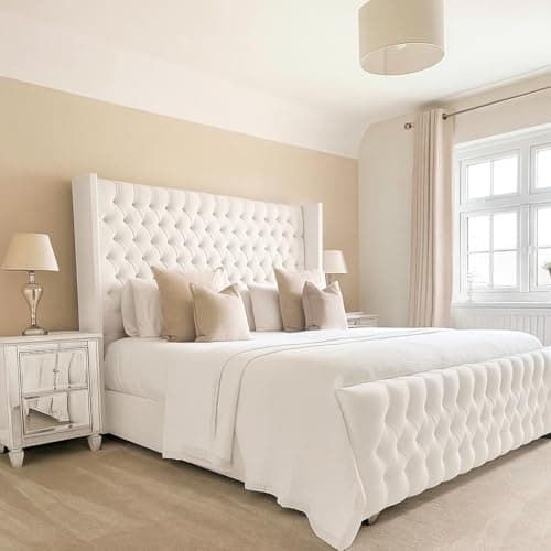 Image of Bespoke Chesterfield Chelsea Wing Bed Frame - UK made - Single/Double/King/Super King Size Plush Velvet Fabric Upholstered (White Plush, Single 3ft)