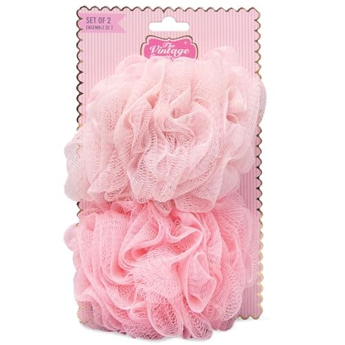 Image of The Vintage Cosmetic Company 2 Piece Shower Pouf Set, Soft Mesh Bath Sponges for Lathering, Gentle Exfoliation & Daily Skin Care, Rose Pink