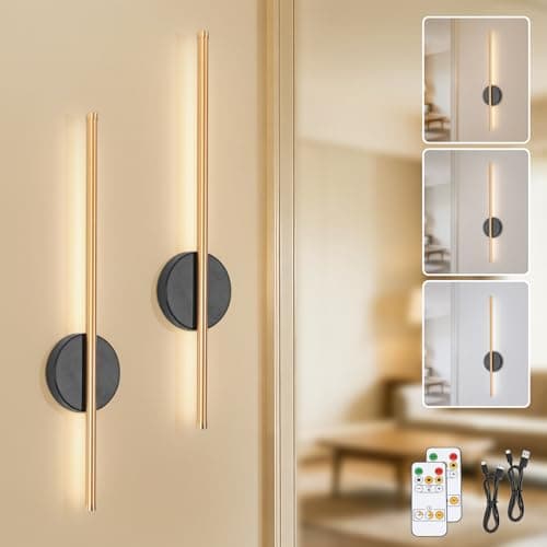 Image of TaoFiaCo Black Gold Rechargeable Wall Lights with Remote Control - 60CM Modern Battery Operated Wall Lights Indoor for Living Room Bedroom - 3 Color Temperatures Wireless Wall Sconces 2 Pack