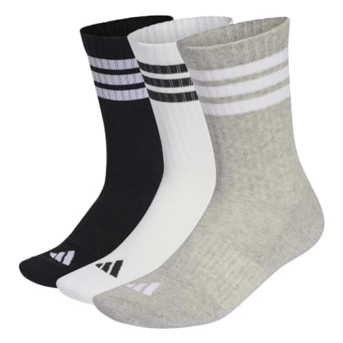 Image of adidas Unisex 3STRIPES CUSHIONED SPORTSWEAR CREW SOCKS 3 PAIR PACK, medium grey heather/white/black, 10.5-12.5