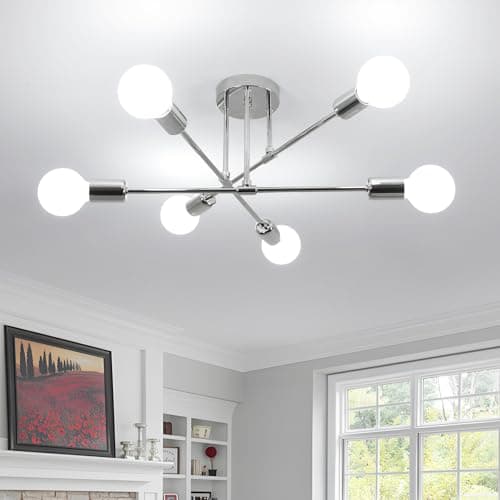 Image of Comely Modern 6 Heads Sputnik Light, Adjustable Ceiling Lamp with E27 Base, Industrial Style Chrome Metal Chandelier Light for Living Room Bedroom Dining Room Kitchen