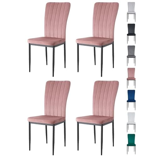 Image of mcc direct Set of 4 Dining Chairs, Velvet High Back Kitchen Chairs with Upholstered Soft Seat and Metal Legs for Home, Office, Dining and Reception - Elle (Pink)