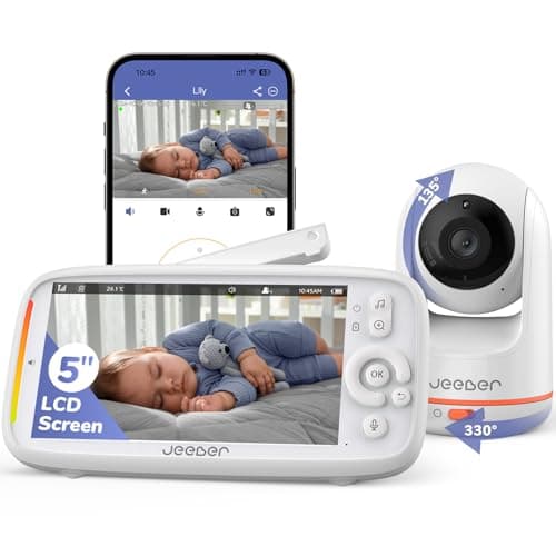 Image of jeeber 2K Wifi Smart Video Baby Monitor with Camera, Phone App & 5'' Screen Control, Motion & Cry Detection, Night Vision, Two-Way Talk, Lullabies, Temperature Sensor, 3050mAh Battery, 360° PTZ